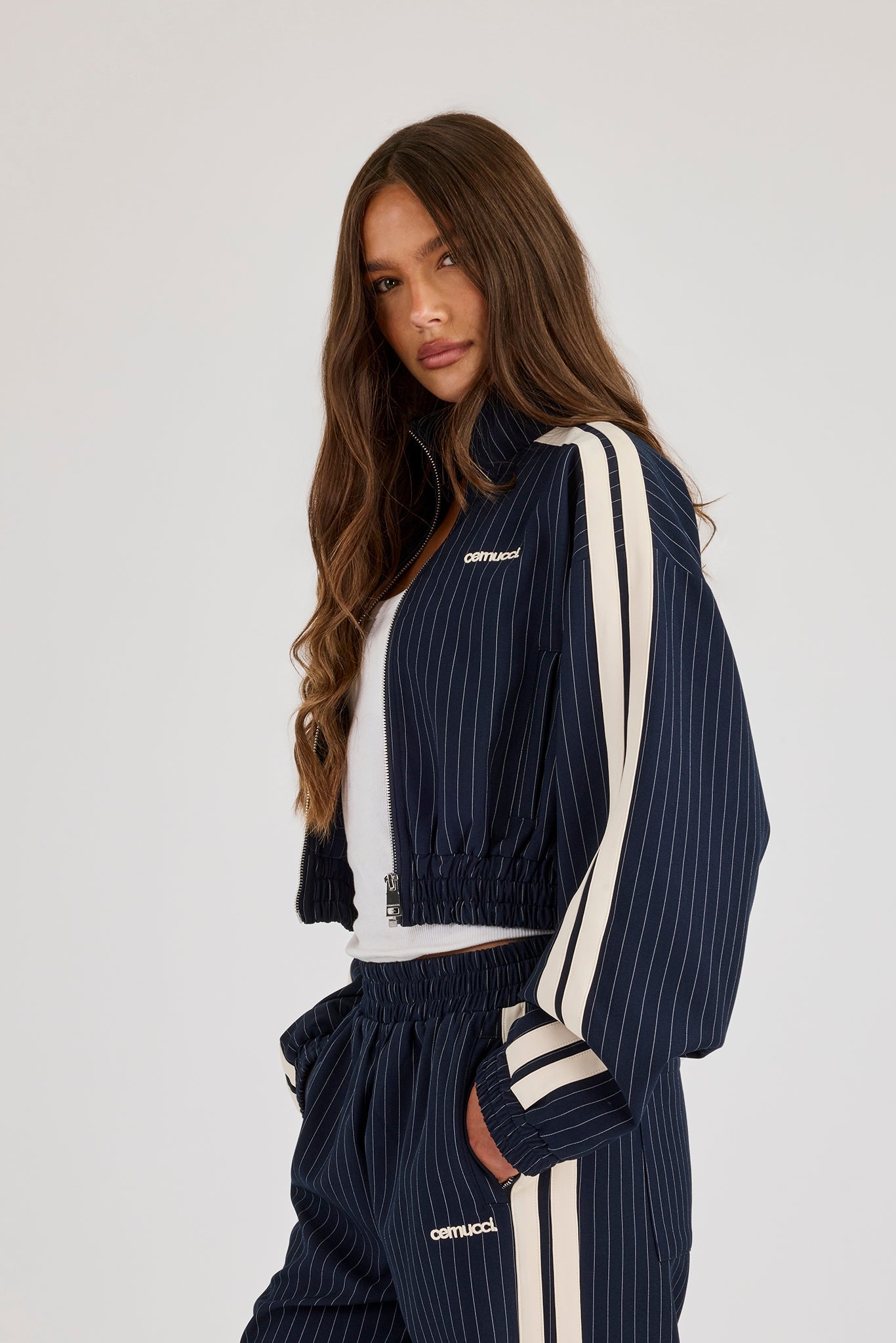 Pinstripe Taping Cropped Funnel Neck Jacket - Navy Blue